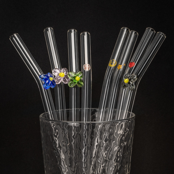 Baked flower with patterned glass straw